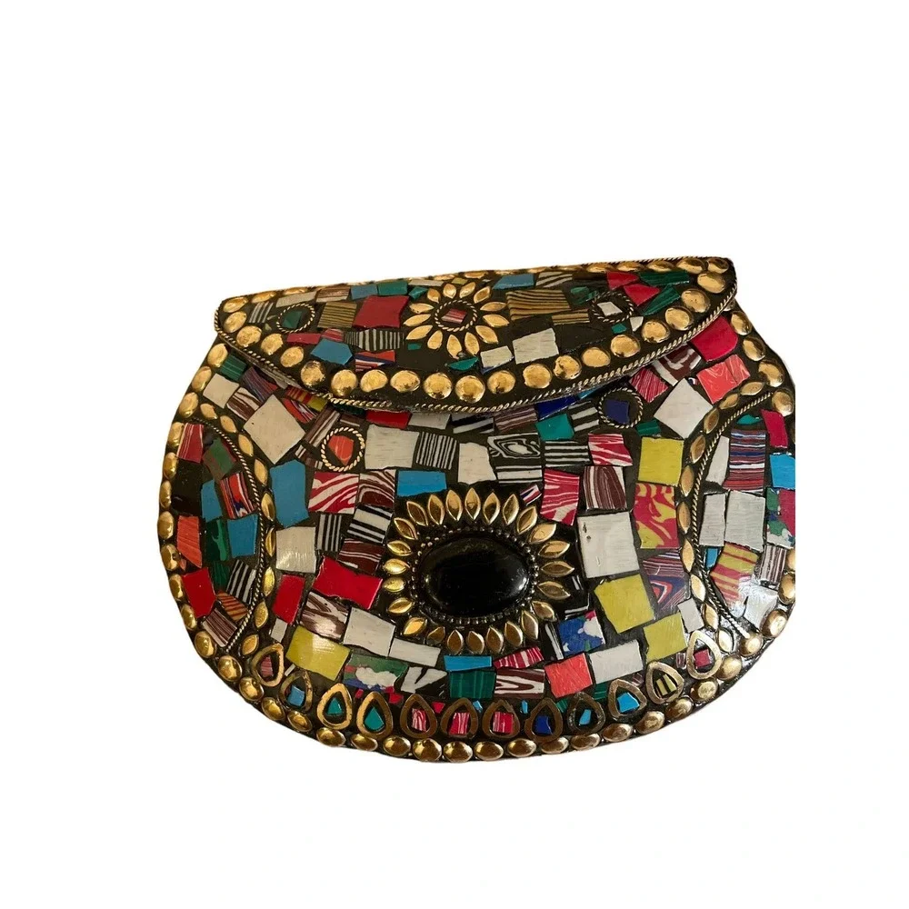 Unbranded Mosaic Clutch Womens OS Multicolor Brass Stone Bohemian Evening Bag